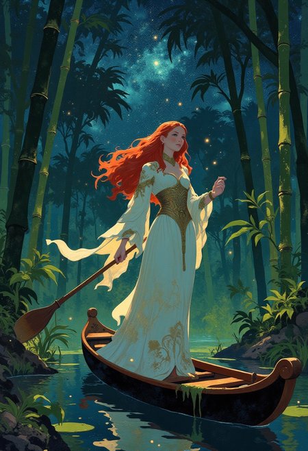 A surreal otherworldly landscape. A stunningly beautiful and regal girl floating in a gondola through a flooded ancient bamboo forest. Fireflies fly above the water. The cosmic sky is filled with magic. The atmosphere of an eerie but beautiful place.  She has flowing red hair,