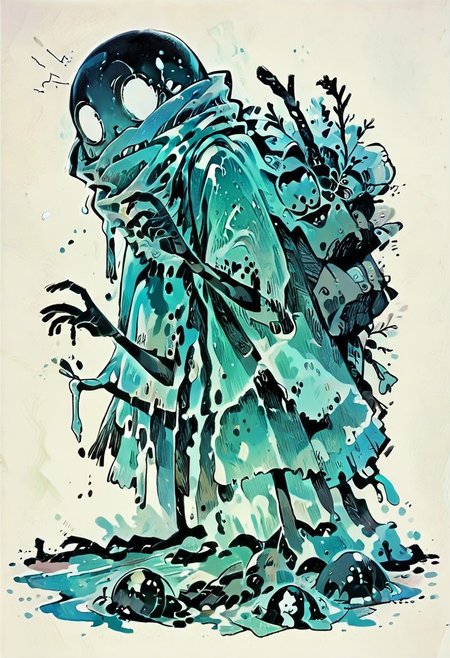 score_9, score_8_up, score_7_up, sl1m3d, slime-morph, cr33py, An anime illustration of a boy with a jack-o-lantern head in a swamp by Atsushi Ohkubo