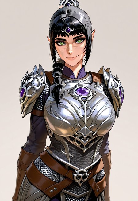 masterpiece,best quality,amazing quality, absurdres, <lora:shadowheart_bg3_ilxl_goofy:1> shadowheart \(baldur's gate\), 1girl, black hair, braid, breasts, elf, green eyes, large breasts, long hair, looking at viewer, multi-tied hair, pointy ears,scar on face,  simple background, smile, solo, body armor, shoulder pads, ,breastplate, chainmail,