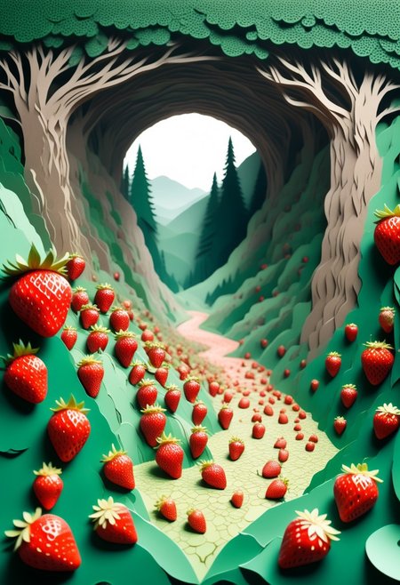 The Hobbit Who Picked Too Many Strawberries:
A cozy hobbit-style home nestled in the hillside—but the hill is a massive strawberry, complete with wooden door carved into the fruit’s side and tiny lanterns hanging from the leafy crown. Lush moss and flowers grow at the base. The image should be rich in textures and detail but feel like a child’s whimsical daydream made real.
Tags: minimalist composition, simple composition, clean lines, made of strawberry, low-poli, voronoi, voxels, transformed into a strawberry-themed landscape, strawberry-themed elements, illustration insanity, surrealist artistic textures, fluid realism, Paper Quilling,