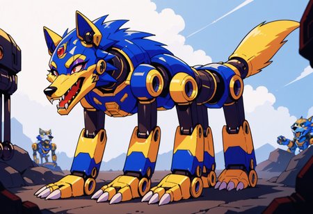 score_9, score_8_up, score_7_up, score_6_up, score_5_up, source_furry, view from below, (eyeshadow:1.6), thin waist, (yellow tail:1.2), friender, blue fire dog, blue armor, feral, (robot:1.8), robotic, black nose, red eyes, paws, claws, (wolf tail:1.2), friender, open mouth, (fangs:1.5), mechanical fortress