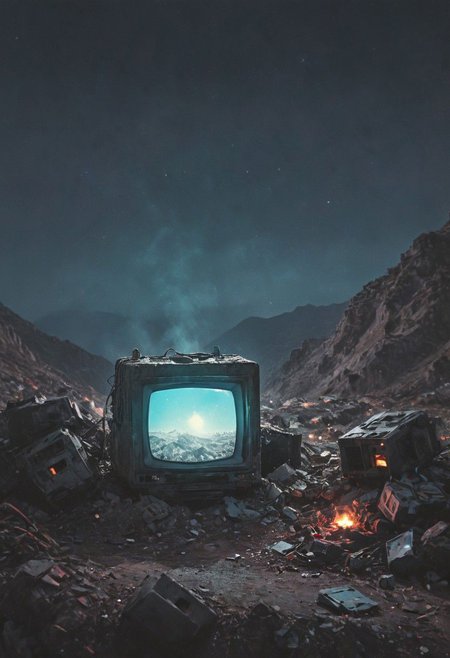 detailed colorful sketch by herg, n-eeyblch, neon-pastel Dark photo, Create a short story inspired by the photo of dystopian Himalayan Sherpas hauling a pile of old computers and electronic waste up a desolate mountain, with the vast landscape and a broken moon in the background.