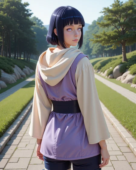 -looking at viewer, outdoors daylight, a 20 year old adult mature woman.
PhotoRealistic Style,  back view photo of.
<lora:Naruto_-_Hinata_v2-000030:1> n-hinata, purple eyes, blunt bangs, black hair wearing cream hooded jacket with lavender accents, navy blue pants, blue ninja sandals, Konoha forehead protector
Upper Body view passport style