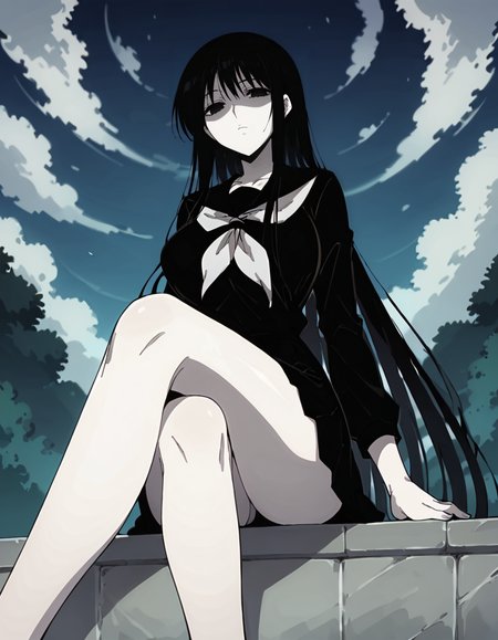 score_9,score_8_up,score_7_up,score_6_up,score_5_up,score_4_up,1girl,milf,hagoromogitsune, monochrome girl,empty eyes,shaded face,black hair,pale skin, white skin,very long hair, <lora:hagoromogitsune-000005:0.8>,looking at viewer,school uniform,black serafuku,serafuku,black shirt,black skirt,sitting,(legs cross),from below,night,outdoor