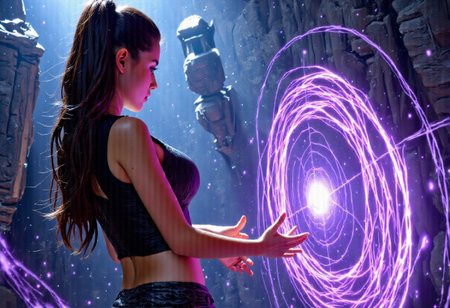 1younggirl, Masterpiece, 8k, ultra high detail, score_7 up, 
volumetric lighting, vivid colors, vibrant colors,  score_8_up, score_9,  very small breast size, very long open midnightblack hair with nightblue shiver,  fcNeg, stunning blue halfasian eyes, suntan skin, small nose, innocent beauty, slim face,  cute face, skinny body, perfect body, extreme detailed body, intence blue eyes,  perfect face, ultra high detailed face, perfect eyes, very petite, human ears, 
Innocent face, innocent beauty, 
Tan Poor Medieval fantasy clothes, ready to fight, 
using violett powerfull magic, magic violett lighting, highly concentrated, casting spell with both hands, 
Huge magical temple in background, fighting agains huge spider, surrounded by spider, spiderweb, 
Fighting agains monsters, using Powerfull magic, using attack magic, fighting scene, Final Attack, aura, magic, bright eyes,  BadDream, final magic attack, ultimate magic attack, energy aura, massive magic attack, 
Kamehameha-Charge,hands cupped together,bent elbows,arms on waist level, holding a glowing orb with massive energy vortex, massive intense magic vortex whirling around girl, mythp0rt, detailed hands,