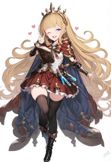 masterpiece, best quality, ultra-detailed, beautiful, nai3, 1girl, solo, full_body, tachi-e, 
cagliostro \(granblue fantasy\), 1girl, ;d, arm guards, black footwear, black thighhighs, blonde hair, blunt bangs, blush, book, boots, bracelet, cape, full body, glowing, heart, holding, holding book, jewelry, knee boots, knees together feet apart, liquid, long hair, looking at viewer, one eye closed, open book, open mouth, purple eyes, red ribbon, red skirt, ribbon, signature, simple background, skirt, smile, solo, test tube, thighhighs, v, very long hair, white background