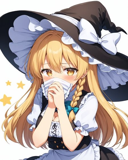 kirisame marisa,1girl, witch_hat, blush, solo, white_background, simple_background, short_sleeves, looking_away, covering_mouth, breasts, frills, star_\(symbol\), single_braid, holding, embarrassed, black_headwear, alternate_hairstyle, waist_apron, puffy_sleeves, bow
<lora:kirisame_marisa_image6213_2023-12-11-000007:1>,star-shaped_pupils,symbol-shaped_pupils,. gorgeous,key visual, vibrant, studio anime,award-winning, professional, highly detailed,high budget, cinemascope