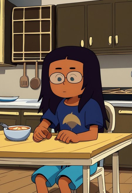 1girl, solo,
black hair, long hair, hair down, tan skin, blue t-shirt, turquoise shorts, black glasses, indoors, kitchen, sitting at table,