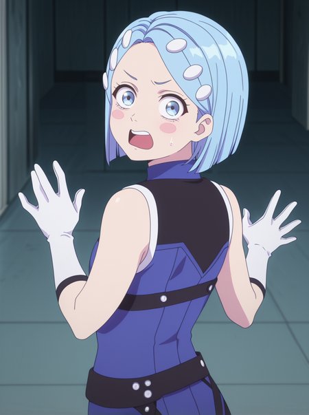 masterpiece, best quality, amazing quality, very aesthetic, absurdres, newest,  anime screenshot,  anime coloring,  <lora:KomachiAizomeBlue:1>komachiaizomeblue, blue hair, 1girl, short hair, solo, hair ornament, gloves, sleeveless, white gloves, bodysuit,  from behind looking back,  open mouth,  surprised,