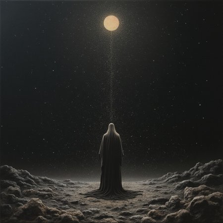 Surrealist painting. It was as if I stood at the end of the world, the end of the universe, the end of everything. But far, far out from where I stood, something hovered on a mount of sheerest black - a blackness itself, but edged and tempered with barely perceptible flashes of light. I could not guess at its size, for distance, depth, perspective, were absent here. A single edifice? A group? A city? Or simply a place? The outline varied each time that it fell upon my retina. Now faint and misty sheets drifted slowly between us, twisting, as if long strands of gauze were buoyed by heated air. The mandala ceased its turning when it had exactly reversed itself.