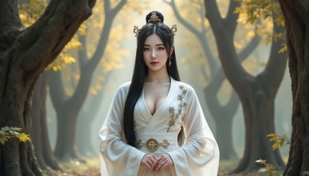 A serene Korean woman embodying a high priestess from the 15th century, adorned in flowing, intricately embroidered white ritual garments that feature delicate floral motifs. Her long, dark hair is elegantly styled, accentuating her graceful features, while a subtle yet ornate headpiece glistens with traditional symbols. She stands in an ethereal, misty grove surrounded by ancient trees, their leaves rustling softly in a gentle breeze. The atmosphere is charged with a sense of sacredness and tranquility, as soft beams of golden sunlight filter through the foliage, creating a contrast between light and shadow. The colors in the scene are muted and earthy, enhancing the spiritual tranquility of the moment. The artistic style reflects a hyper-realistic approach, capturing every detail of the woman's expression and the enchanting surroundings, evoking a sense of reverence and timelessness.,<lora:RM_Artistify_v1.0M:0.3>,,<lora:atomixFLUXUnet_v10:0.7>,