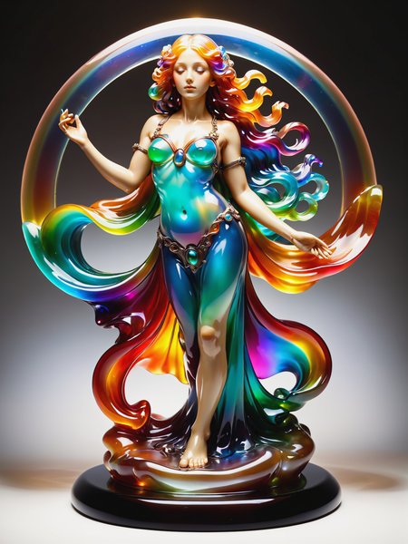statue of a woman in the style of alphonse_mucha, rainbow colors, floating hair, spotlight,   <lora:JellyStyle:0.8>, (masterpiece:1.2), best quality