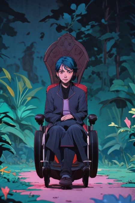 wheelchair in a vibrant garden, sadness, lonely atmosphere