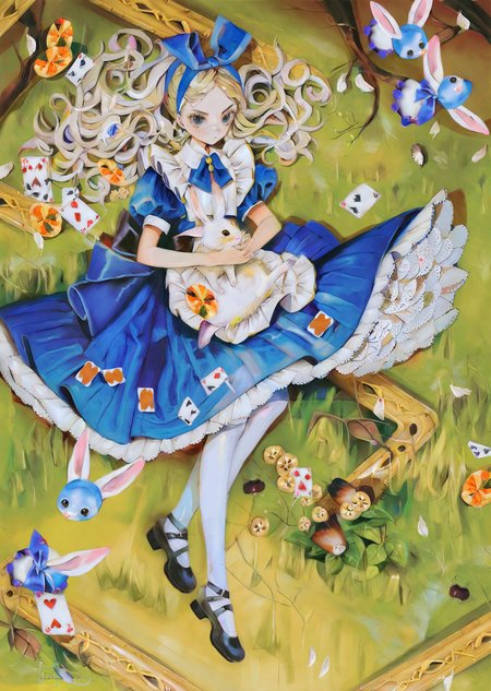 by yogisya, 
 alice \(alice in wonderland\), a blue knee-length dress with short puffy sleeves, worn with a white pinafore apron. long blonde 
chasing a rabbit wearing tuxedo
  best quality, masterpiece,