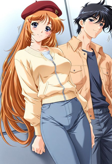 masterpiece, best quality, newest, highres, uncensored, 1girl, yokota mamoru style,1girl, slender face，motion lines,Kobayakawa_Mizuho, blue eyes, very long hair, orange hair, bangs, breasts,Brown Hair , Waist Length hair, Blue Eyes,1990s (style),slim,
1girl, 1boy,  hat, beret, orange hair, black hair boy, long hair, smile, short hair, hairclip, hair ornament, blue eyes, blush, jacket, long sleeves, brown hair