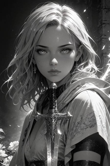realistic,detailed background,Cinematic Lighting,film grain,score_9,score_8_up,score_7_up,masterpiece,best quality,highly detailed,
<lora:(增强)sdxl_lightning_8step_lora:1>,<lora:glowneon_xl_v1:1>,(glowing),<lora:hand 4:1>,hand person,<lora:Expressive_H:0.8>,Expressiveh,<lora:MythM4ngaStyle:0.8>,<lora:th3rm4lXLP:0.4>,th3rm4l,colorful,
1girl,flower,greyscale,looking at viewer,male focus,monochrome,solo,sword,thighhighs,weapon,