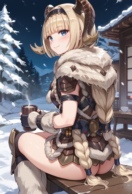 (score_9:0.9),score_8_up,score_7_up,rating_safe,anime style,(zPDXL),<lora:Banbaro beta armor ponyXL v1.2:0.85>,banbaro beta armor,1girl,solo,blue eyes,horn hairband,short hair,looking at viewer,blonde hair,white knee boots,white fingerless gloves,:d,blunt bangs,snowing,blush,sitting,looking back,from behind,holding cup,hot drink,closed mouth,light smile,