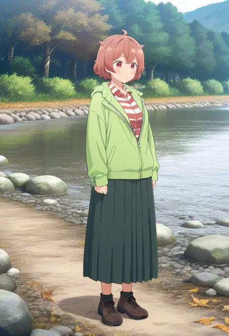 newest, masterpiece, best quality, 4k,
outdoors, river, very aesthetic, detailed background, full body,
1girl, solo,  <lora:mitsuki ooshiro:1> mitsuki, brown hair, short hair,  ahoge,red eyes,  green jacket, unzipped, collared shirt, striped shirt, long skirt