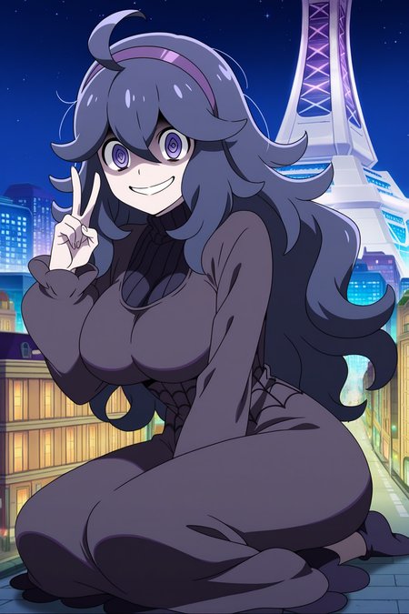 anime, animification, anime screencap, anime coloring, vivid colors, depth of field, high quality, highres, lumiose city, 1girl, hex maniac \(pokemon\), 1girl, solo, long hair, dress, breasts, purple hair, @_@, ahoge, smile, messy hair, purple eyes, large breasts, sitting, v, alternate breast size, hairband, sweater, looking at viewer, purple hairband, seiza, ribbed sweater, grin, sky, night, city lights, tower, prism tower, star \(sky\), building, scenery, city, road, street
 <lora:Lumiose_city-10:1>