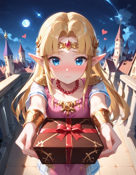 score_9, score_8_up, score_7_up, details,volumetric lighting, dynamic angle, rating_safe, 
fantasy castle, court year, night, starry sky, 
<lora:princess_zelda_XL_pony_bf16_v1:0.7> princess zelda, nervous, open eyes, blush, looking at viewer, nose blush,
<lora:love-letter-ponyxl-lora-nochekaiser:0.7>, box of chocolates, heart, confession, incoming gift, outstretched arms, grabbing box
BREAK
from above, 
 <lora:add-detail-xl:1.5>