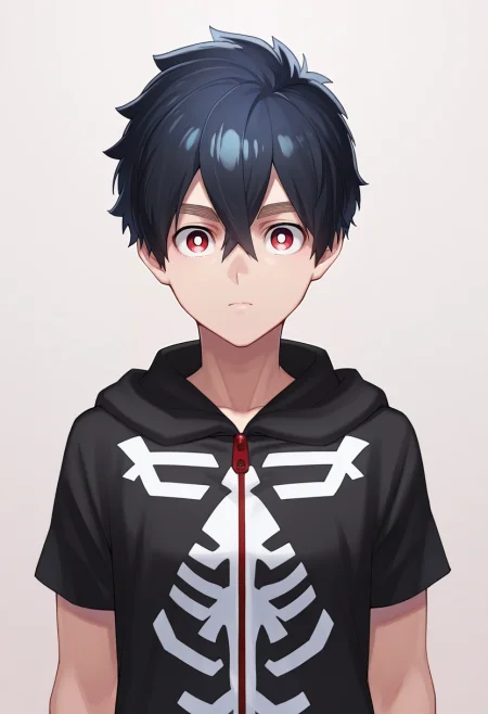 masterpiece, best quality, , (realistic:0.6), looking at viewer, 1boy, solo, male focus, <lora:kabane_kusaka_ilxl:0.9>, kabane_kusaka, black hair, red eyes, short hair, hair between eyes, kusaka kabane, hoodie, ,