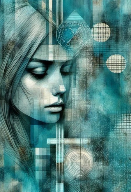Abstract digital painting of a sad woman, her face is surrounded by diagnal cross hatching patterns of geometric objects, circles, square, and other intricate patterns and lines, blue palette