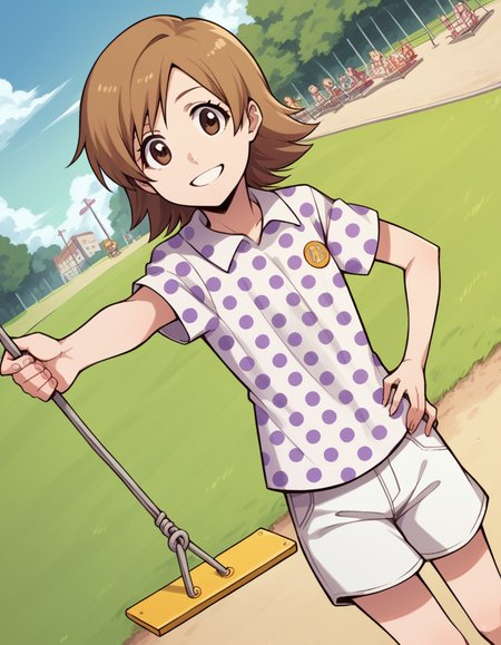 score_9, score_8_up, score_7_up, source_anime, <lora:yuzu-kurosaki-anime-ponyxl-lora-nochekaiser:1>, yuzu, short hair, brown hair, brown eyes,, shirt, short sleeves, shorts, polka dot, white shorts,, public park, playground, swing set, laughter, sunny day, smile, looking at viewer, arm outstretched, hand on hip, knee up, solo,, cowboy shot, dutch angle