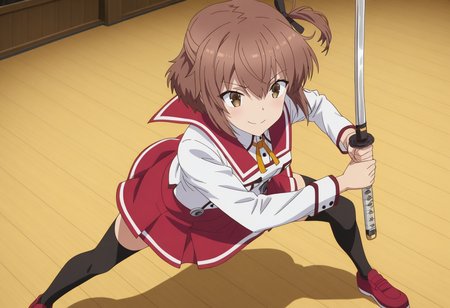 Kanami Etou, toji no miko style, 1girl, solo, brown hair, short hair, bangs, hair between eyes, hair ribbon, black ribbon, one side up, brown eyes, small breasts, school uniform, red sailor collar, neck ribbon, yellow ribbon, white shirt, red skirt, black thighhighs, red shoes, sheath, holding katana, battoujutsu stance, smile, standing
BREAK
inside dojo, daytime
BREAK
anime screencap, anime coloring, anime colored background, detailed background, detailed face, shiny skin, shiny hair, absurdes, highres, dynamic pose, masterpiece, best quality, official art, cel shaded, graphic illustration, digital painting, CGI, very detailed, amazing quality, intricate details, dynamic pose, HDR, UHD, 8K, Fineline illustration, Highly detailed, ultra-fine painting, sharp focus, Professional, Vivid Colors <lora:add-detail-xl:1> <lora:DetailedEyes_V3:1> <lora:Toji_no_miko_character_pack_Illustrious:1>