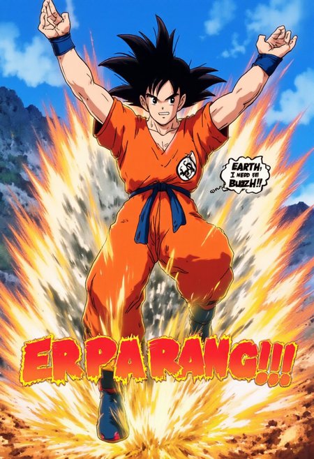 Vector art, uhd, 8k, 4k, epic, dramatic, Jujutsu kaisen manga, 4k quality, (Perfect hand:1.4), anime, (masterpiece), (detailed face), detailed,
Goku, black hair, spiky hair, super saiyan hair, black eyes,
A (full body:1.5) render of Goku hovering in the air, his arms raised above his head making a giant spirit bomb. Open palms.  (He has a text bubble near his head saying "Earth, I need your buzz!!!" In English text:1.4)