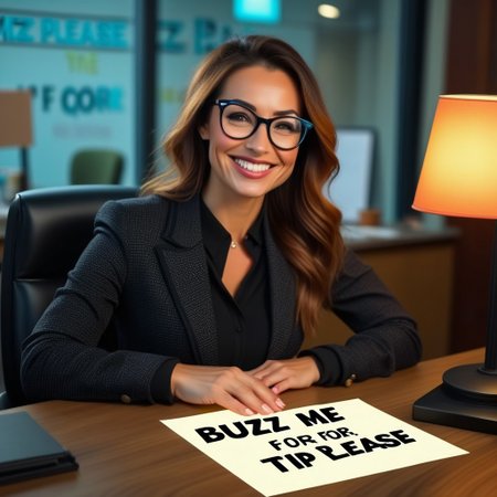 buzz, beautiful secretaty woman with glasses smiling with a sign with text "buzz me for tip please" <lora:buzz-text:.8>