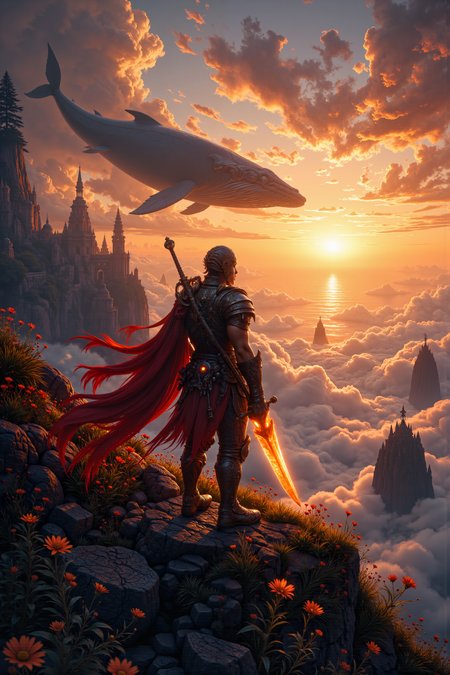 A hyper-realistic portrait, photorealistic photo close-up image of  At the edge of a floating island bathed in the soft, golden glow of an endless sunset, a warrior with bronze skin and glowing, molten-red eyes stands atop a cliff, gazing out at the horizon where massive, sky-borne whales glide gracefully through the air. His armor, crafted from dark, shimmering scales, reflects the warm light of the setting sun, casting flickering shadows on the grass beneath his feet. The island is covered in ancient, rune-carved stones, their surfaces glowing faintly with the energy of the earth, while delicate, translucent flowers bloom in abundance, their petals shimmering like glass in the soft breeze. The warriorâs hand grips the hilt of a massive, glowing sword strapped to his back, its blade humming with untapped power, as though waiting for the moment to be unleashed. Above him, the sky is a breathtaking array of oranges, purples, and golds, with clouds that swirl in intricate patterns, illuminated by the eternal dusk. The air is warm and carries the scent of wildflowers and distant rain, a perfect contrast to the silent power radiating from the warrior. In the distance, other floating islands drift lazily through the sky, their surfaces dotted with forgotten ruins and towering trees that reach up toward the heavens. The scene is one of quiet anticipation, where beauty and power converge in a moment suspended in time. (photography, high-resolution, dynamic, energetic,hyper-realistic, dramatic lighting, shallow depth of field.), detailmaximizer, MythP0rt<lora:midjourney_whisper_flux_lora_v01:0.55><lora:aidmaMJ6.1-FLUX-V0.1:0.4><lora:FluxMythP0rtr4itStyle:0.4><lora:detailed_flux_ntc:2.2><lora:aidmaImageUpgrader-FLUX-V0.1:0.65>