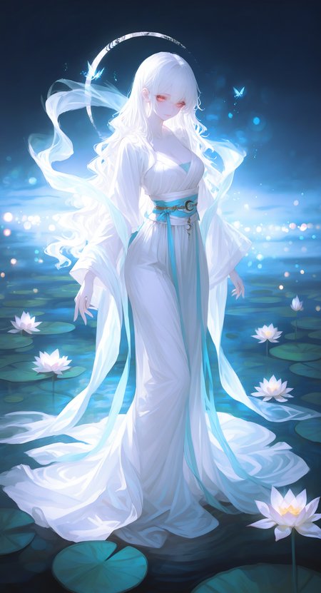 masterpiece, best quality, good quality, very aesthetic, absurdres, newest, 1girl, albino, breasts, bug, chinese clothes, cleavage, crescent, firefly, flower, full body, hagoromo, hanfu, lily pad, long hair, lotus, medium breasts, pale skin, shawl, sky, solo, wavy hair, white hair,
looking_at_viewer, Bokeh <lora:ponyv5_noobV065S_1_adamW-000013:0.7> <lora:USNR_STYLE_XL_lokr:0.5> <lora:GBF_Illustrious:0.4> <lora:748cmSDXL:0.7>