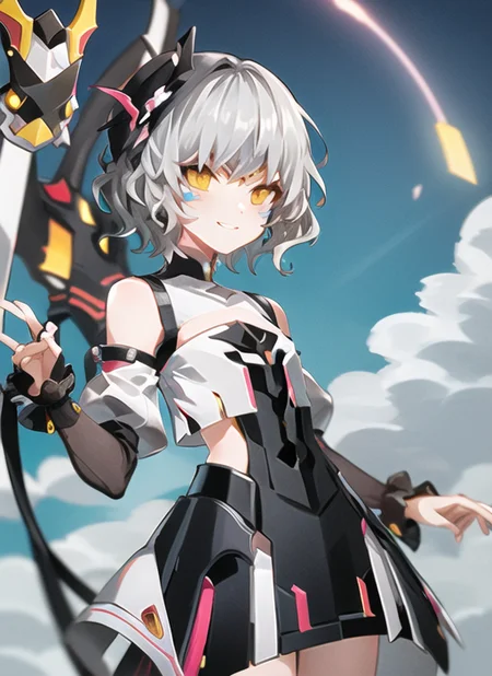 <lora:eve1-000009:1>, failess1, upper body, smile, outdoors, simple background, sky, day,