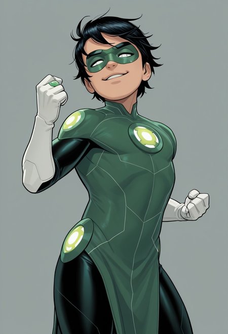 masterpiece, absurdres, high quality, perfect anatomy, 1boy, solo, cute boy, male focus, TaiPham, Black Hair, Green Lantern Ring, Green Lantern Costume, Green and Black Bodysuit, Green Domino Mask, White Eyes, White Gloves, Pelvic Curtain, shortstack, upper body, mecha musume, dynamic, dynamic angle, ((solo)), mecha armor, looking at viewer, smug face, parted lips, dynamic pose, fighting stance, cinematic, intricately detailed illustration, depth of field, masterpiece, best quality, amazing quality, very aesthetic, absurdres, newest, very awa,  shadow, dynamic angle, casual cosplay, simple background,