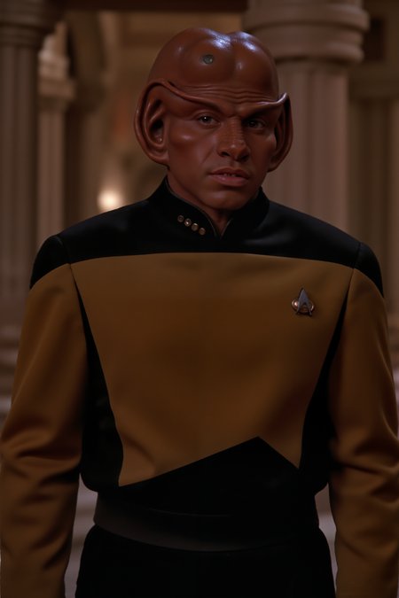 A ferengi man stands in the ancient temple wearing yellow TNG uniform wiuth black shoulders (photography, high-resolution, dynamic, energetic,hyper-realistic, dramatic lighting, shallow depth of field.), detailmaximizer, MythP0rt<lora:midjourney_whisper_flux_lora_v01:0.55><lora:aidmaMJ6.1-FLUX-V0.1:0.4><lora:FluxMythP0rtr4itStyle:0.4><lora:detailed_flux_ntc:2.2><lora:aidmaImageUpgrader-FLUX-V0.1:0.65><lora:TNG_FLUX:1.1><lora:ferengiV1_FLUX>