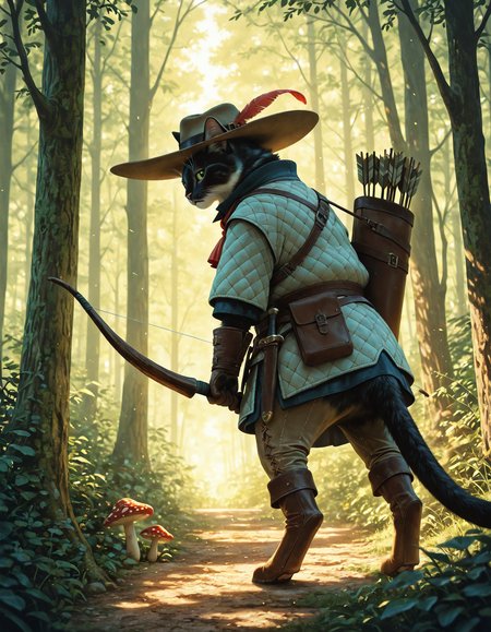 embedding:IllusP0s
,anthropomorphic cat archer, cat head, black fur,holding huge bow \(weapon\), quiver with arrows, gambeson, hat feather, calm, looking back, leather boots, stitched pants,standing,ascot
,sunny, godrays, sunshine, forest background
,from behind, wide shot, depth of field, realism, no humans, animal focus, magical forest, mushrooms