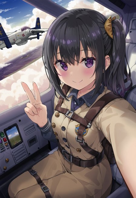 Tsubaki-chan, plane interior, black hair, side ponytail, purple eyes, sitting, cockpit, yoke, window, in flight, sky, clouds, selfie, smile, blush, v, pilot's uniform, pilot seat, controls, buttons, scenery, harness seatbelt