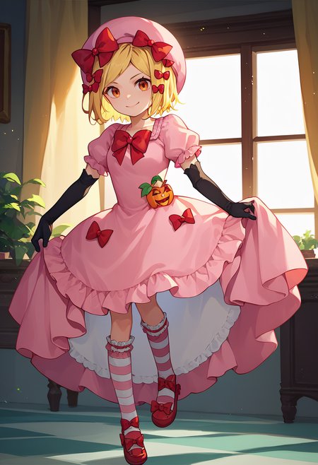 score_9, score_8_up, score_7_up, 1girl, Rambda, blonde hair, short hair, orange eyes, hair ornament,  pink hat, pink gown, red bow, short sleeves, elbow gloves,  striped kneehighs, mary janes, looking at viewer, dim lighting, light smile, indoors,     <lora:DeltaLambda 2-000007:1>