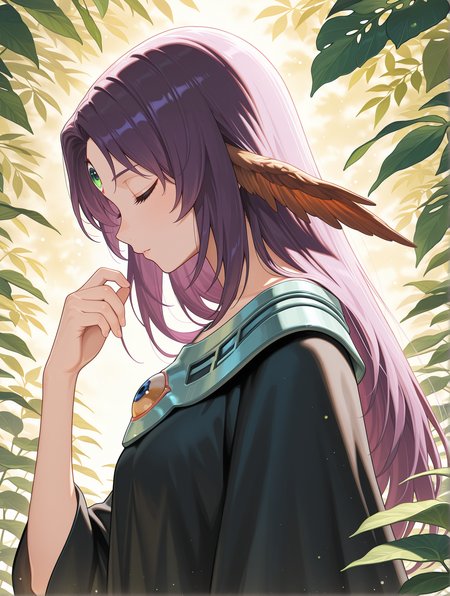 witch of the black forest, solo, closed eyes, green third eye, 1girl, upper body, plant, profile, hand up, from side, official art, leaf, closed mouth, brown head wings, black long dress
masterpiece,best quality,amazing quality,very aesthetic,absurdres,newest,<lora:Witch of the Black Forest illusXL v1.4:0.7>,