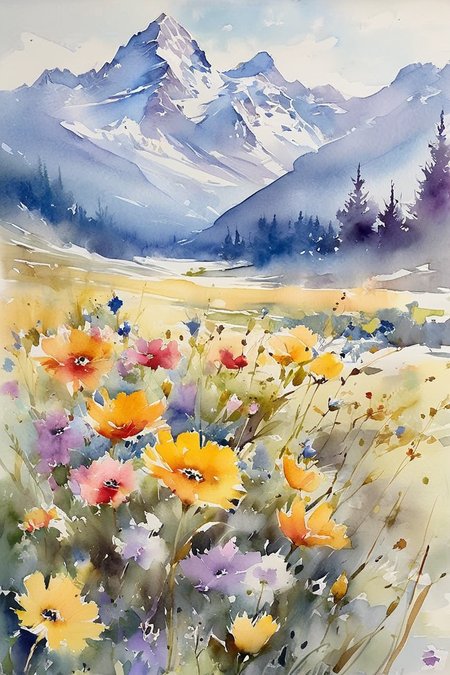 Thomas W. Taylor watercolor. Create a watercolor that showcases the whimsy of wildflowers,imagine an enchanting meadow of brightly colored flowers where your imagination can fly,with the unreal Mount Everest in the distance as a backdrop. An epic scene,<lora:Watercolor _sdxl:0.8>, Watercolor style,