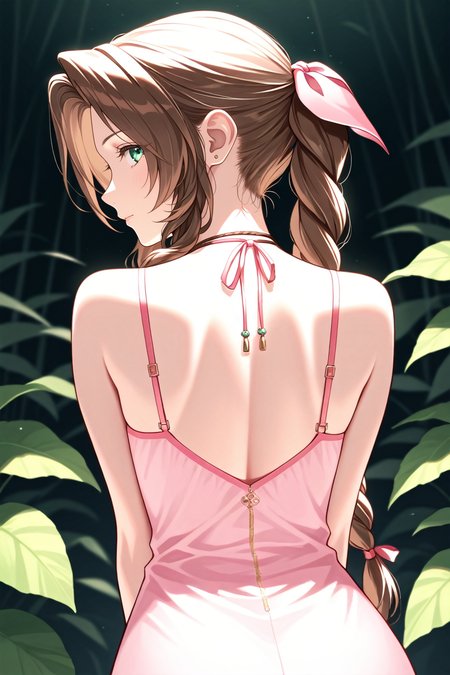 masterpiece, best quality, absurdres,
<lora:ILFF7Aerith:0.8>
FF7Aerith, 1girl, brown hair, green eyes, long hair, braided ponytail, looking at viewer, in a lush jungle with vibrant flowers, from behind, looking back