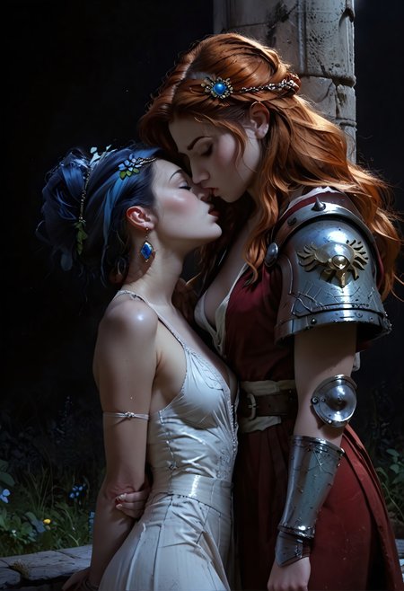 safe_pos, score_9, score_8_up, score_7_up, score_6_up, 2girls, 21 year old, ((night)), (wide shot),
((medieval)), short female enchantress slut, kissing, tall dominating female warrior, ((height difference)), on top of a hill, city in background, stunning view, sublime view, high cut clothing, ornate, nighttime, milky way, ((deep v-neck)), stone pillar, head leaning back, romantic, reaching, (ornate clothing), ((metal armor)), ((plunging neckline)), perfect figure, ((short skirt)), ((arms behind back)), intimate, hand in another's mouth,

highly detailed skin, perfect hips, wide hips, highly detailed skin, glistening skin, gloom, movie still, ((perfect eyes)), ((Low-key lighting)), ((dark background)), dark