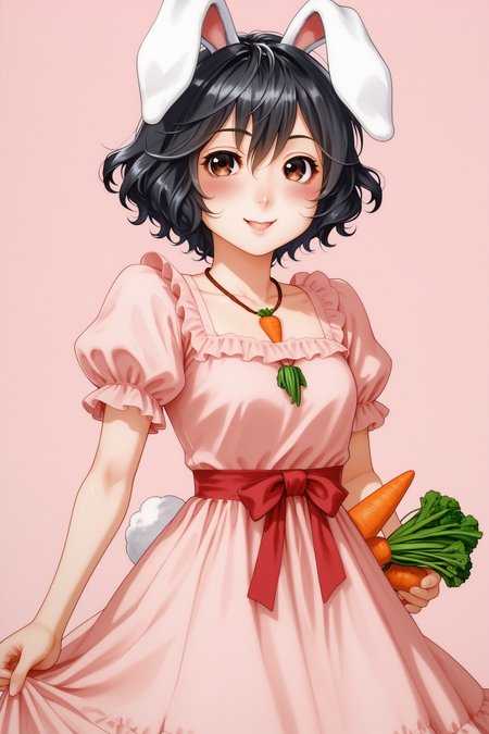 score_7_up, traditional media, 1girl, solo, inaba tewi, animal ears, rabbit ears, tail, rabbit tail, pink background, black hair, simple background, carrot necklace, short sleeves, pink dress, dress, short hair, puffy sleeves, rabbit girl, puffy short sleeves, carrot, jewelry, looking at viewer, hair between eyes, floppy ears, necklace, bangs,  wavy hair, brown eyes, smile, blush, red ribbon, frilled sleeves
,  <lora:Yamatogawa_PonyXL_dim32:1>