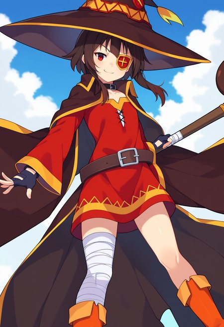 score_9, score_8_up, score_7_up, source_anime,
BREAK
1girl, solo, 
<lora:shiMeguminV1:1>, 
shimegudef, defaultdress,  short hair, brown hair,  red eyes,
 collarbone,  black gloves, choker, belt, fingerless gloves, cape, collar, witch hat, bandages, red dress, eyepatch, staff, holding staff,
bandaged leg, single thighhigh, boots, orange footwear, 
looking at viewer, smug,