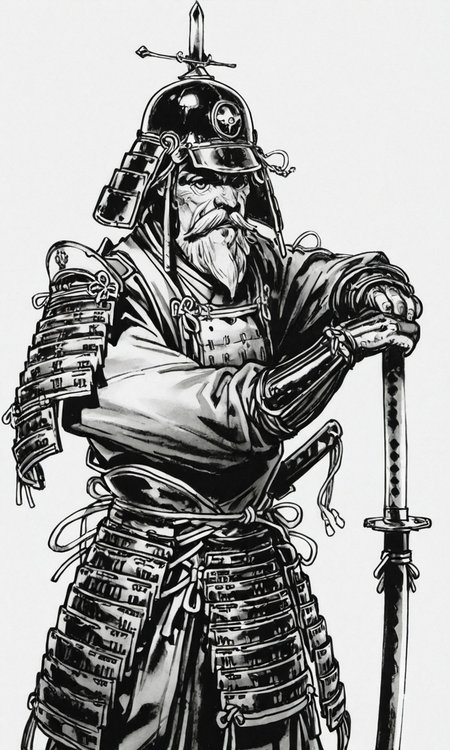 kimjunggistyle, dynamic perspective, detailed ink drawing, simple background, monochrome, male focus, weapon, multiple boys, sword, armor, facial hair, helmet, katana, beard, mustache, japanese armor, old, old man, sode, kote, samurai, kusazuri, kabuto (helmet), white background, sheath, sheathed, black and white sketch, masterpiece, best quality, amazing quality
