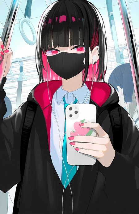 1girl, looking_at_viewer, short_hair, shirt, black_hair, long_sleeves, holding, jacket, white_shirt, upper_body, pink_hair, multicolored_hair, earrings, necktie, collared_shirt, solo_focus, hood, blunt_bangs, pink_eyes, nail_polish, bag, two-tone_hair, black_jacket, mask, phone, hood_down, backpack, cellphone, ear_piercing, hooded_jacket, colored_inner_hair, smartphone, pink_nails, holding_phone, blue_necktie, mouth_mask, earphones, train_interior, black_mask, hand_grip