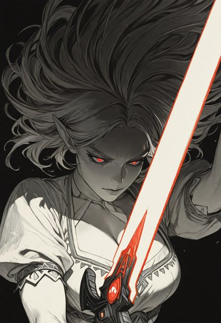 Monochrome with color spots, Evil Face Closeup, masterpiece, best quality, good quality, very awa, newest, highres, absurdres, solo, breath of the wild style, simple background, White round eyes, Cleavage, Female Link from Zelda, Action Scene, swinging sss sword, sword slash, blue/White Dress, traditional media, blue and black background, no-gravity, billowing Hair, Neon vintage \(theme\), limited palette, sketch, glowing, psychedelic, JeddtlIL, spot color, hatching (texture),