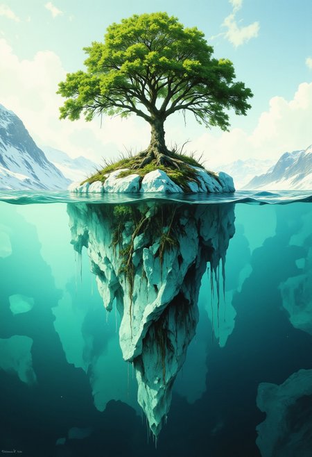 A surrealistic landscape featuring a majestic green tree growing atop an iceberg, with its roots extending deep underwater. The clear, turquoise water reveals the submerged icy base in vivid detail, creating a striking visual symmetry. The background showcases soft, fluffy clouds and sunlight piercing through, illuminating the scene with a tranquil glow. The composition emphasizes natural elements with hyperrealistic textures, blending reality and fantasy to convey hidden depth and harmony