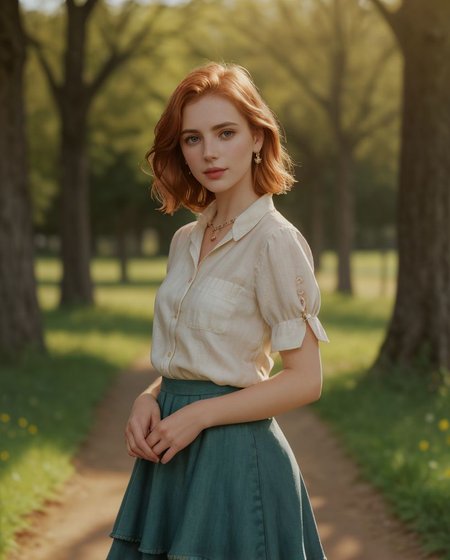 (style of Alessio Albi:1.4), Realist Portraiture, Soft Lighting, Emotional Depth, Simple Compositions, (Layered Depth, Soft focus foreground, Painted Scenery:1.1), alluring feminine physique, 24yo B34U71FU1_CA3LIA attractive irish redhead, wide cinematic establishing shot seductive young woman picnic under tree, (Layered Depth, Soft focus foreground, Painted Scenery:1.1), (bra, young adult irish redhead:1.15), short backlit hair, perfect face, thin upper lip, pouting lower lip, thin brows, small upturned nose, bow-shaped lips, large expressive almond shaped eyes, Raised Eyebrows, Focused Gaze, eager expression, quaint farm setting, (relaxed country woman), (tight unbuttoned shirt, thin material), subsurface scattering, classic cotton, soft pastel, intricate embroidery collar cuffs, rolled-up sleeves revealing sun-kissed forearms BREAK (blanket:1.15), rich textures, patchwork design, vibrant colors, detailed stitching, homely aesthetic (skirt), elegant rustic charm, subtle floral pattern, linen, sways breeze BREAK ((wildflower wreath)), crown delicate chain necklace, small, intricate pendant, heart-shaped with floral theme, glowing subtly in the soft light, ethereal quality, [lens flare glinting], (mischievous yet content expression), lush green fields in the background, (soft, sunlit ambiance), simple leather boots, carefree hair  <lora:kodak_ultramax_400:0.8> golden hour, soft golden light, pastel sky, relaxed posture, natural smile, earthy colors, candid moment, trees and flowers in background, leading lines, depth of field, slightly off-center framing, warm tones, cinematic look, natural setting, editorial style, soft textures, subtle lighting, peaceful mood