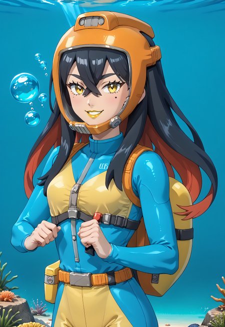 PokemonStyle, pokemon \(anime\), full body,solo female, score_9, score_8, score_7, score_6_up, source_anime, anime coloring, anime screencap, official art,
BREAK full body, 1girl, black hair, colored inner hair, crossed bangs, hair between eyes, hairband, long hair under helmet, mole, mole under eye, multicolored hair, red hair, sidelocks, two-tone hair, yellow eyes, low lipstick only, floating hair, (blue wetsuit), long sleeves, bare legs, beautiful legs, barefoot,
BREAK
(pokemoncarmine wearing (snug fitting, head-sized(yellow diving helmet clamped to face))), (helmet overlapping chin, helmet overlapping cheeks, helmet overlapping jawline, helmet overlapping ears), shiny glass visor:0.5, 
BREAK underwater, seafloor, rocks, sea-green background:0.25, sea-green overlay:0.55, seaweed, neck 
BREAK blue background:0.25, bubbles, BREAK mask snugly on face, regulator, breathing tube, orange oxygen tank strapped to back, harness tightly on chest, belt, swimmingai, floating, bubbles, looking at viewer, diving, smug, clenched teeth, flustered, vents on helmet, 
